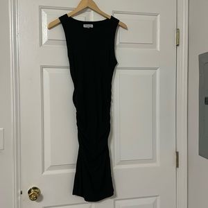 Black Ribbed Midi Dress with Ruched Sides